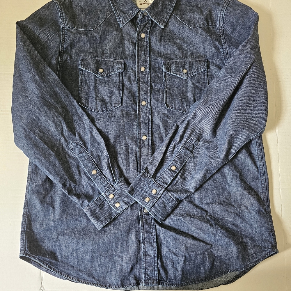 Lands End Blake Shelton Denim Jean Shirt Size L Pearl Snap Front Mens Blue - Picture 7 of 14